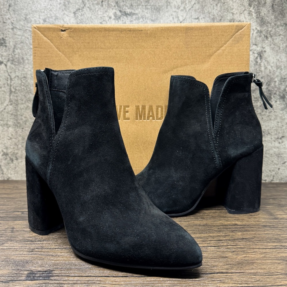 Steve Madden black suede Thrived ankle boots, black leather, size 8.5
